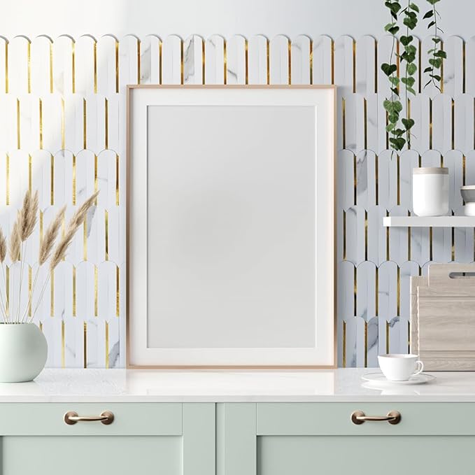 Mosaic Eventail Allongé BLANC Marbre OR — 266×300mm