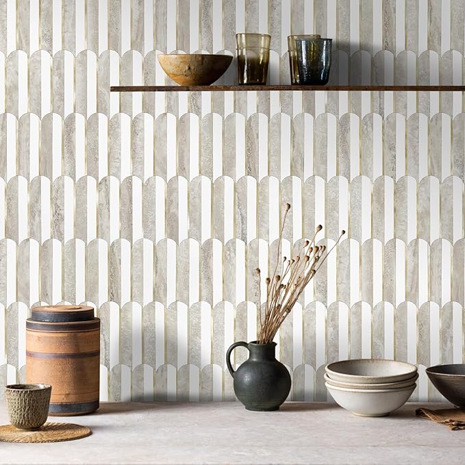 Mosaic Eventail Allongé BLANC ROSE Or/Marbré — 266×300mm