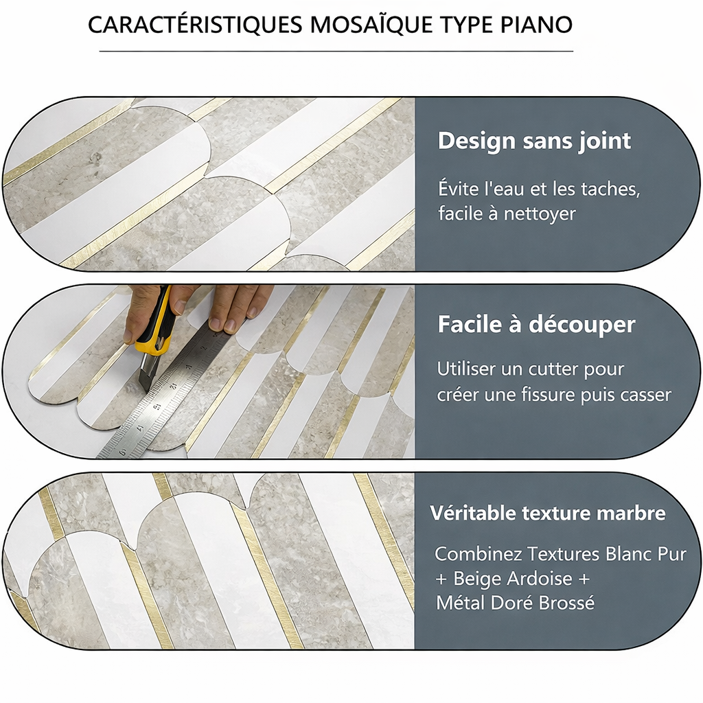 Mosaic Eventail Allongé BLANC ROSE Or/Marbré — 266×300mm