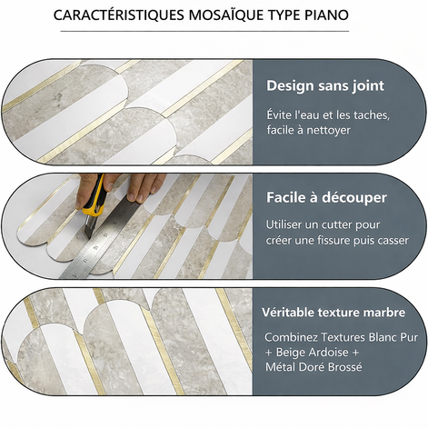 Mosaic Eventail Allongé BLANC ROSE Or/Marbré — 266×300mm