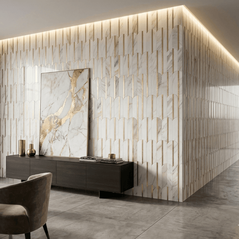 Mosaic Eventail Allongé BLANC Marbre OR — 266×300mm