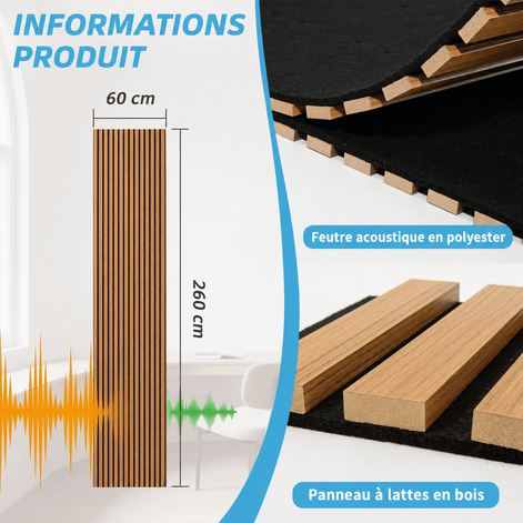 Panneau mural acoustique Teak 60×260 cm